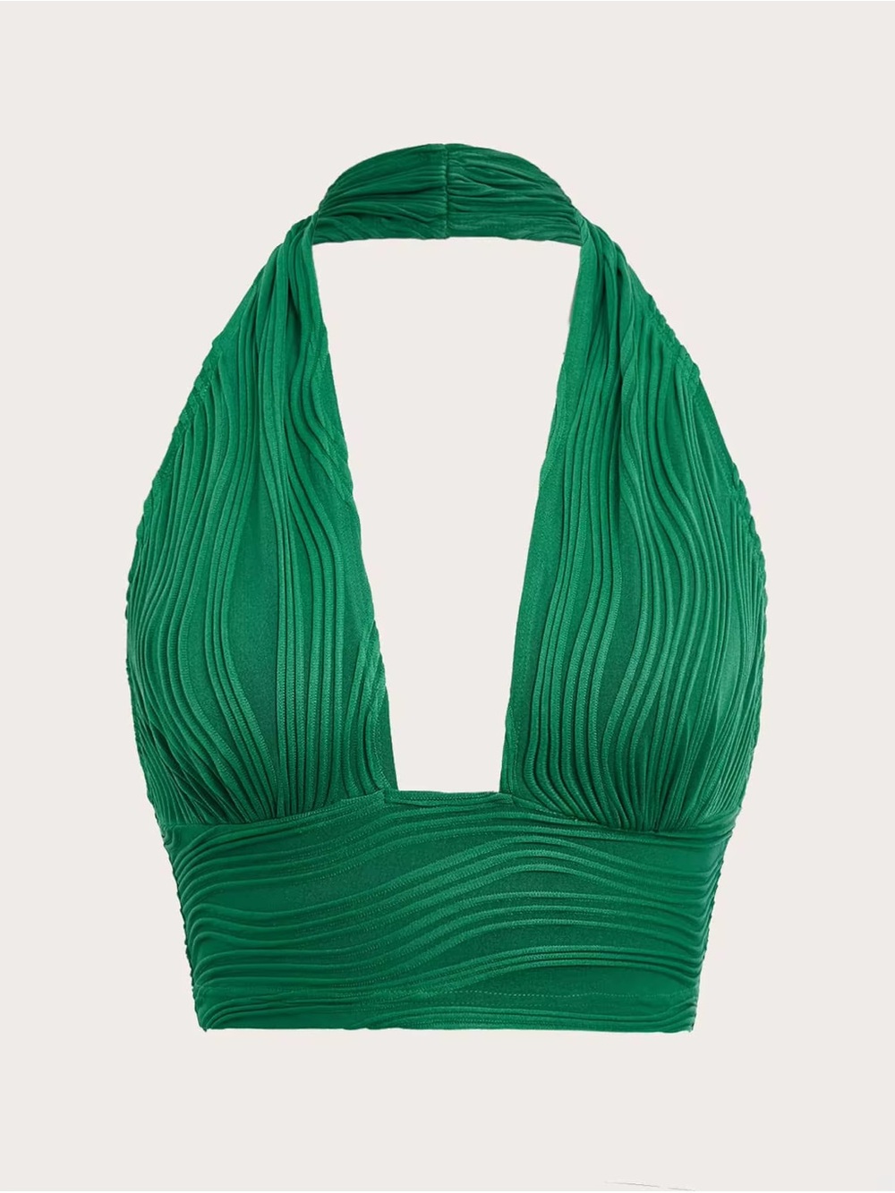NEW CCB  Emerald Green Wavy Textured Halter Resortwear Crop Top XS